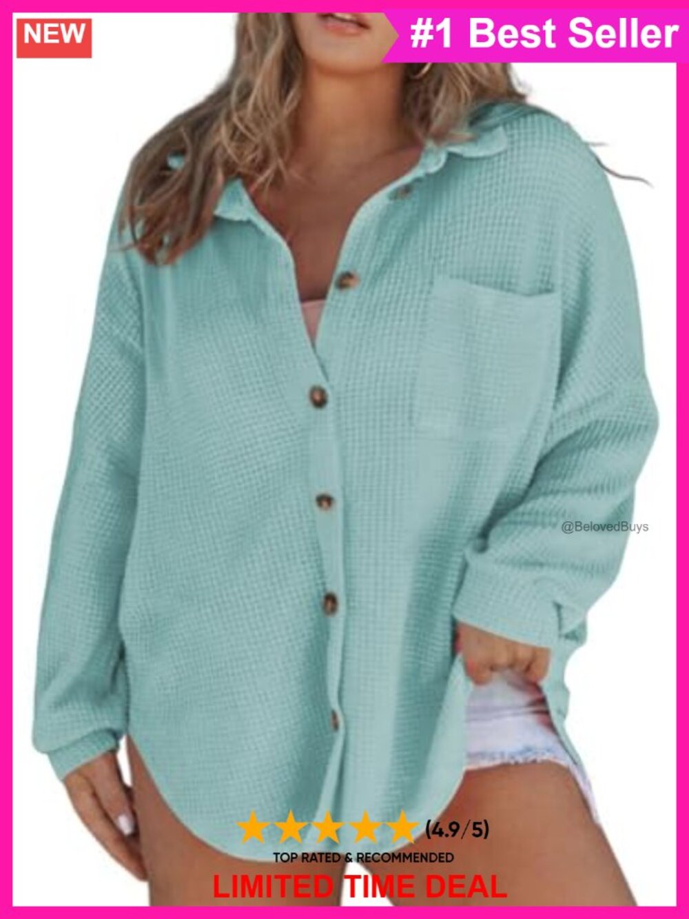 Plus Size Button Down Boyfriend Shirt Long Sleeve Waffle Knit Shacket
